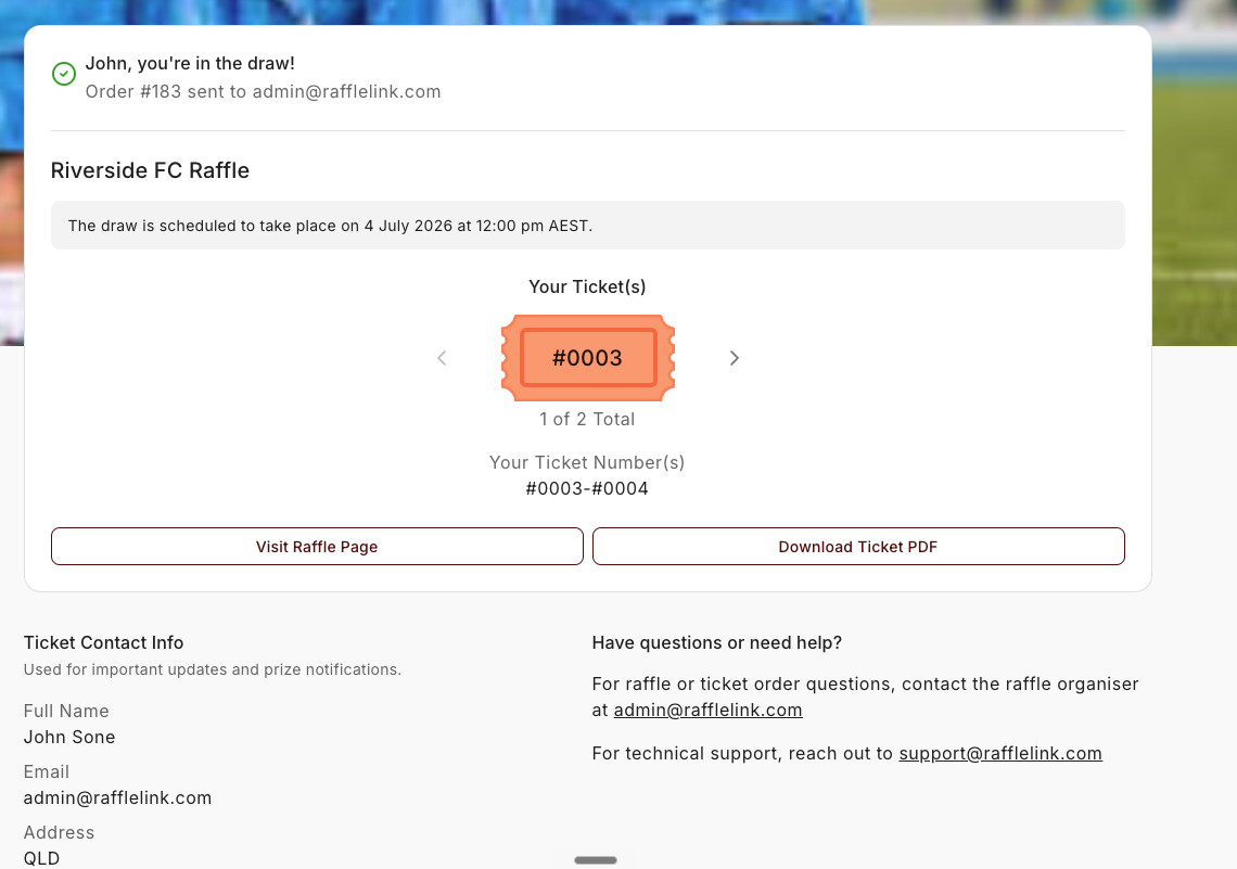 The buyer's tickets page, with the Download Ticket PDF option.
