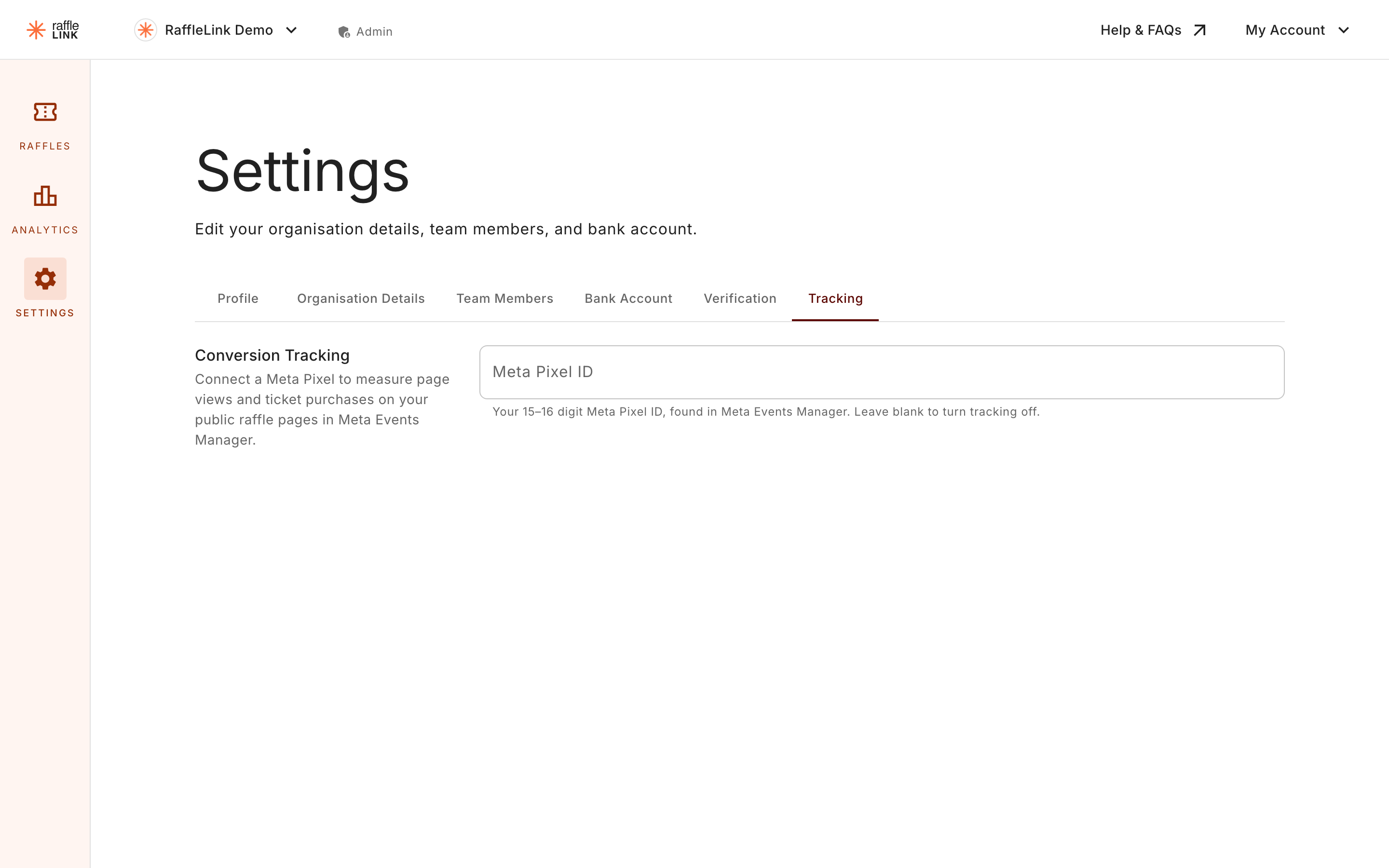 The Tracking settings tab with the Meta Pixel ID field.