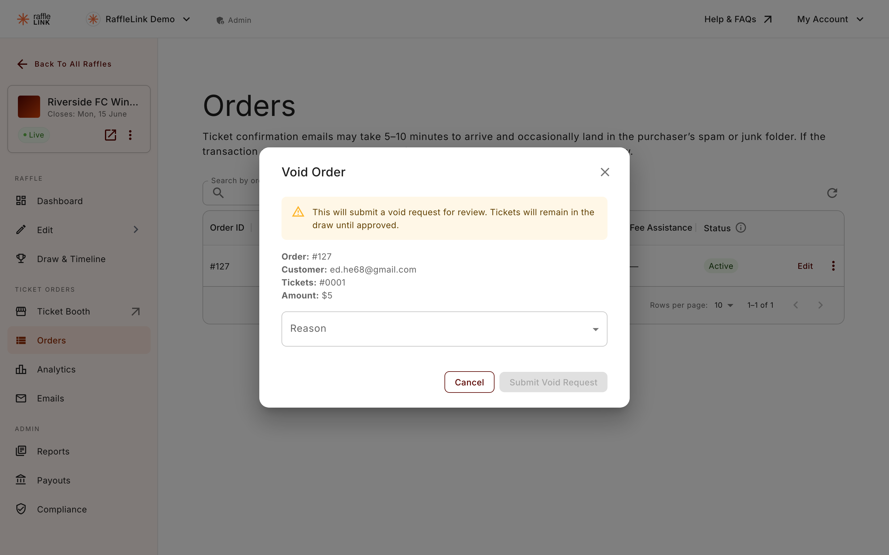 The Void Order dialog, noting that it submits a void request for review and tickets stay in the draw until approved.